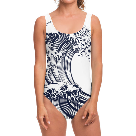 Japanese Kanagawa Wave Print One Piece Swimsuit