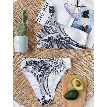 Japanese Kanagawa Wave Print One Shoulder Bikini Top