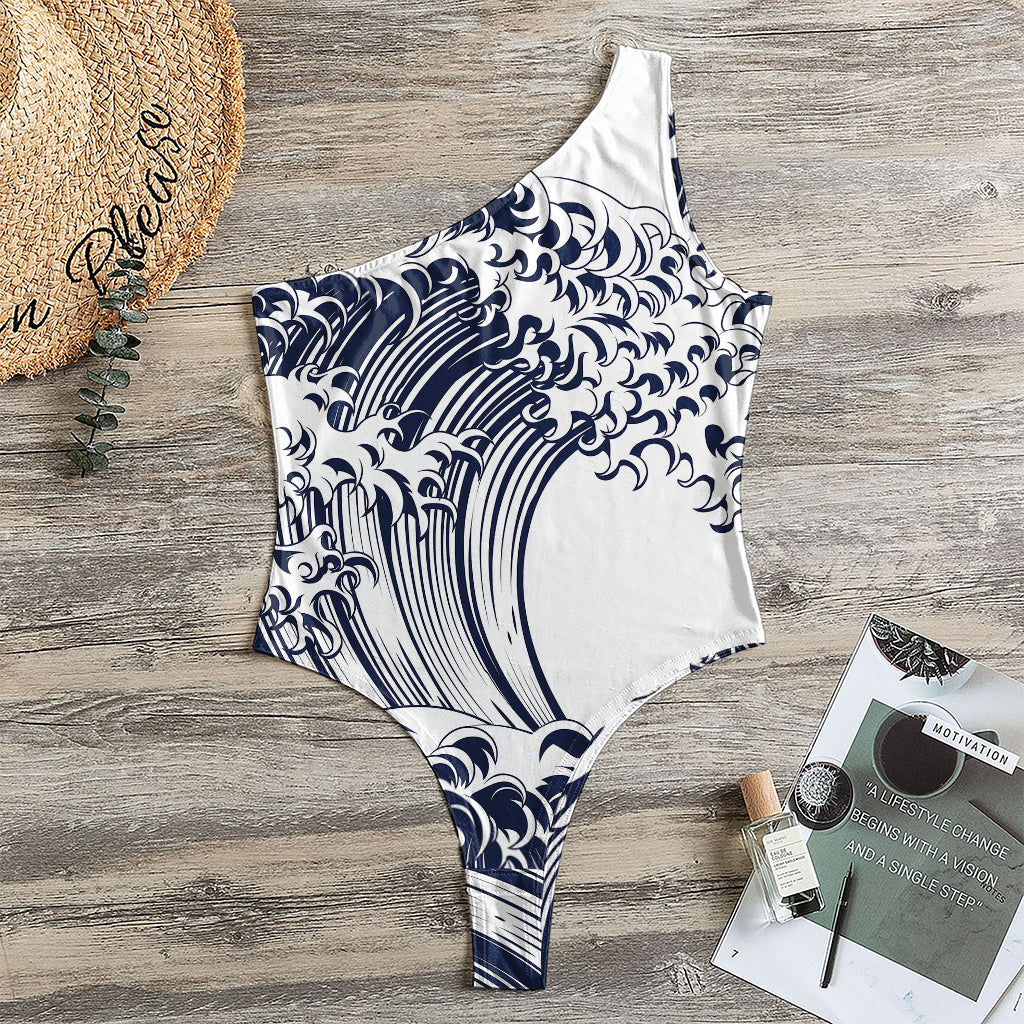 Japanese Kanagawa Wave Print One Shoulder Bodysuit