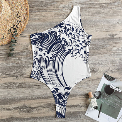 Japanese Kanagawa Wave Print One Shoulder Bodysuit
