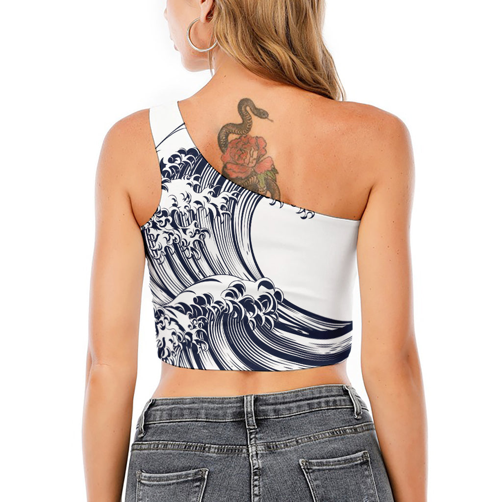 Japanese Kanagawa Wave Print One Shoulder Crop Top