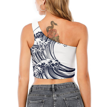 Japanese Kanagawa Wave Print One Shoulder Crop Top