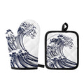 Japanese Kanagawa Wave Print Oven Mitt And Pot Holder Set