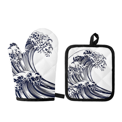Japanese Kanagawa Wave Print Oven Mitt And Pot Holder Set