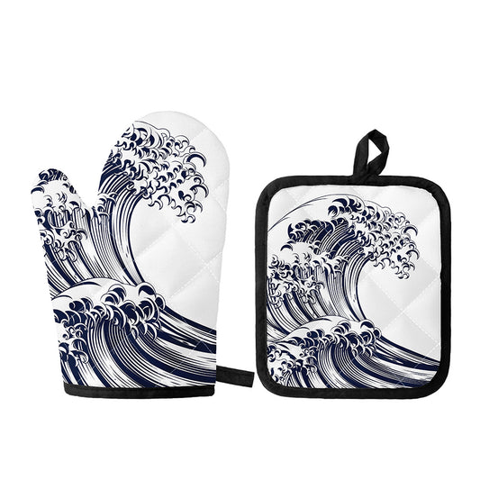 Japanese Kanagawa Wave Print Oven Mitt And Pot Holder Set