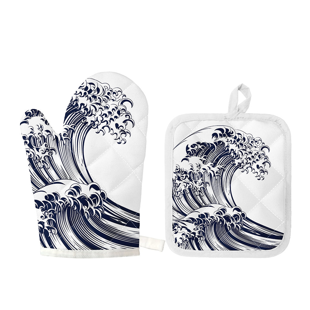 Japanese Kanagawa Wave Print Oven Mitt And Pot Holder Set