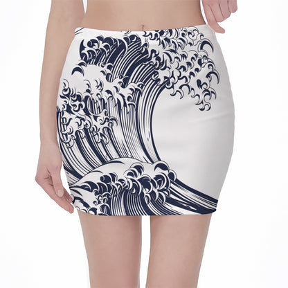 Japanese Kanagawa Wave Print Pencil Mini Skirt