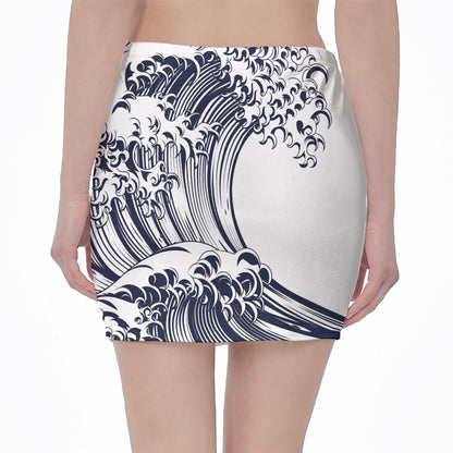 Japanese Kanagawa Wave Print Pencil Mini Skirt