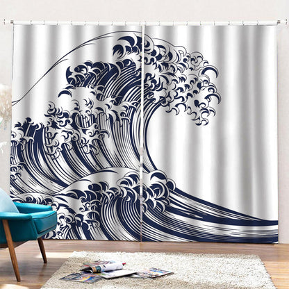 Japanese Kanagawa Wave Print Pencil Pleat Curtains