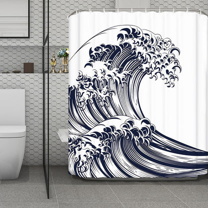 Japanese Kanagawa Wave Print Polyester Shower Curtain
