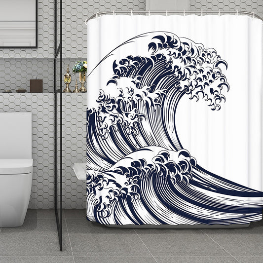 Japanese Kanagawa Wave Print Polyester Shower Curtain