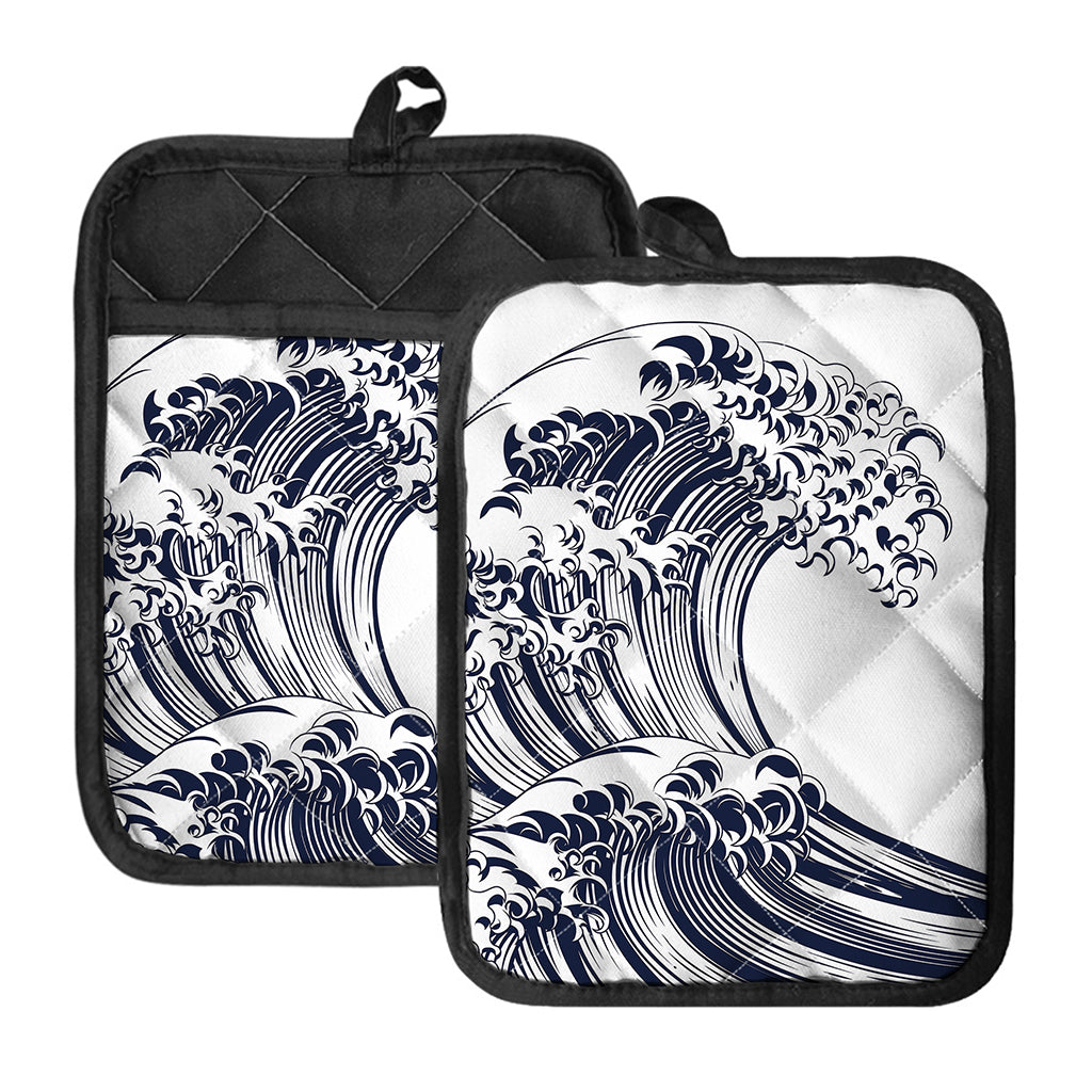 Japanese Kanagawa Wave Print Pot Holders With Pocket