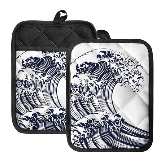 Japanese Kanagawa Wave Print Pot Holders With Pocket