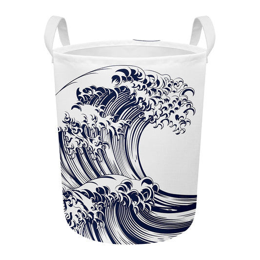 Japanese Kanagawa Wave Print Round Laundry Basket