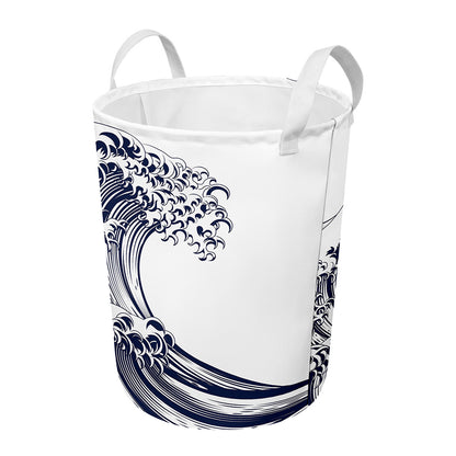 Japanese Kanagawa Wave Print Round Laundry Basket