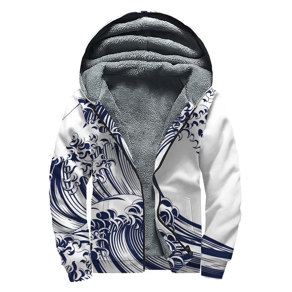 Japanese Kanagawa Wave Print Sherpa Lined Zip Up Hoodie