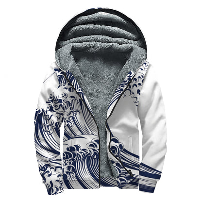 Japanese Kanagawa Wave Print Sherpa Lined Zip Up Hoodie