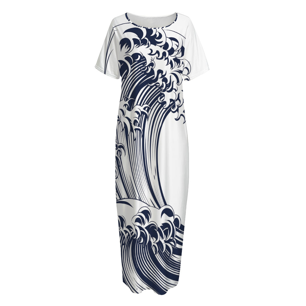 Japanese Kanagawa Wave Print Short Sleeve Long Nightdress