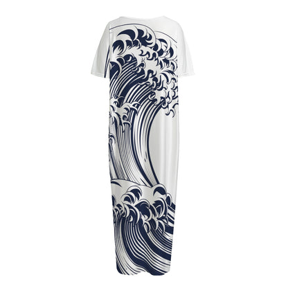 Japanese Kanagawa Wave Print Short Sleeve Long Nightdress
