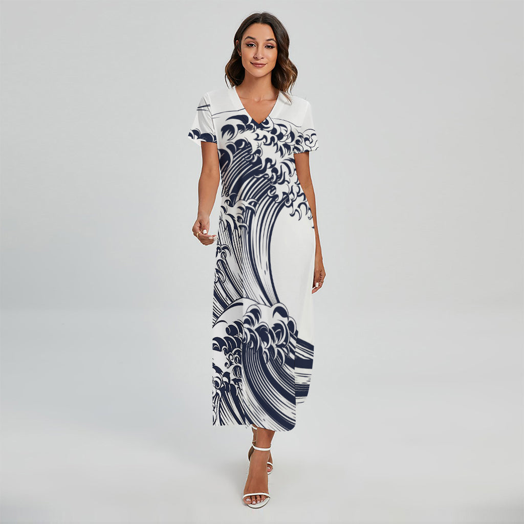 Japanese Kanagawa Wave Print Short Sleeve Maxi Dress