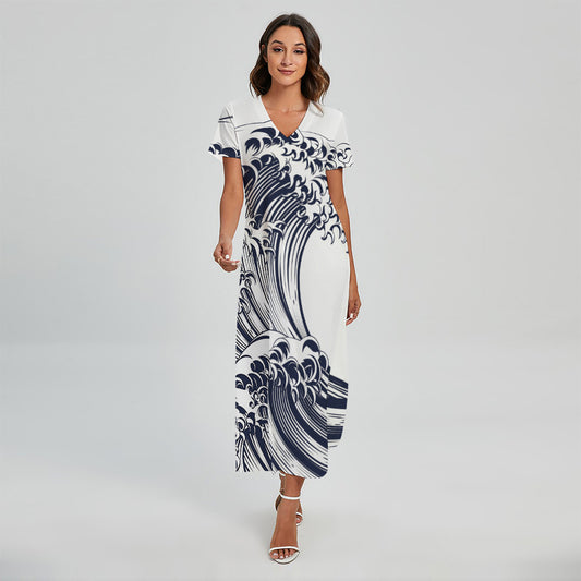 Japanese Kanagawa Wave Print Short Sleeve Maxi Dress