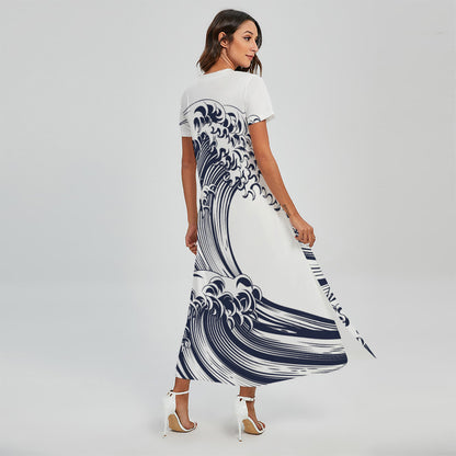 Japanese Kanagawa Wave Print Short Sleeve Maxi Dress