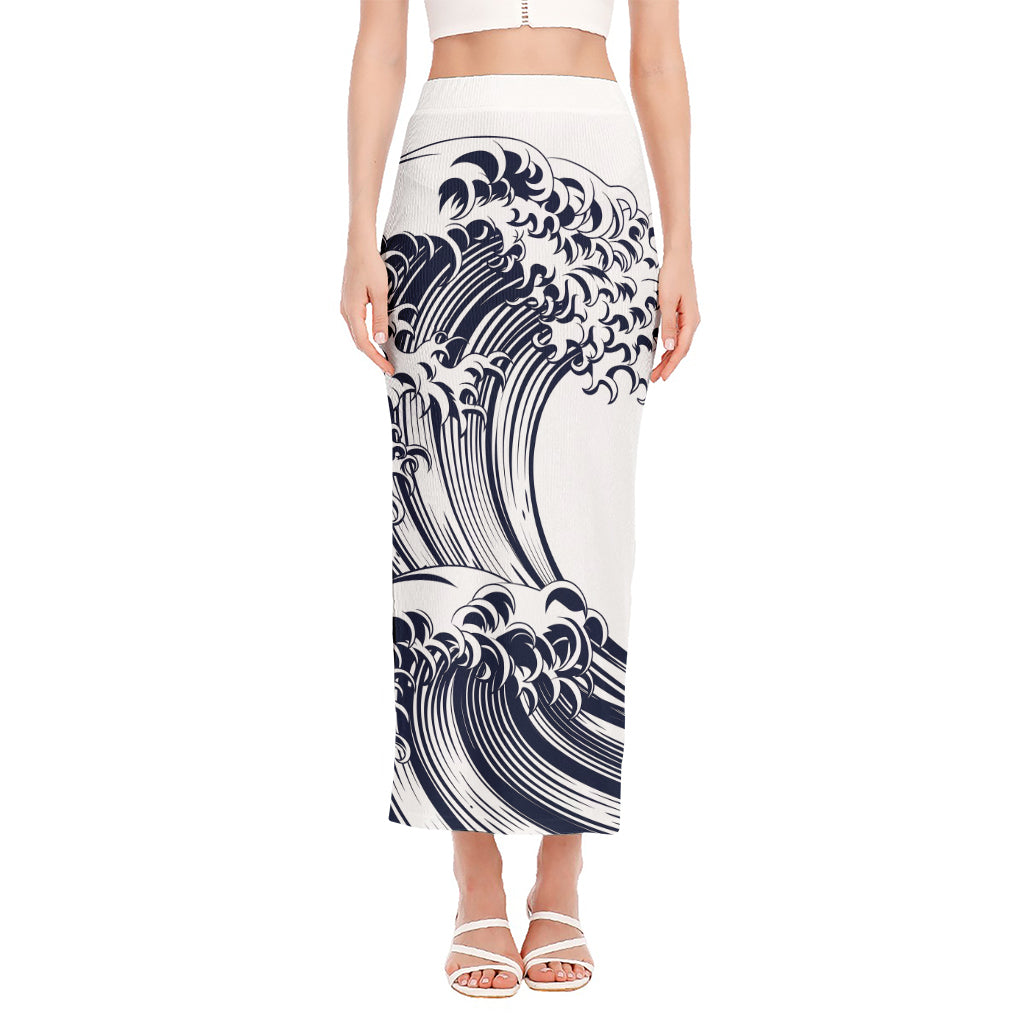 Japanese Kanagawa Wave Print Side Slit Maxi Skirt
