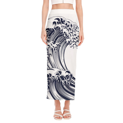 Japanese Kanagawa Wave Print Side Slit Maxi Skirt