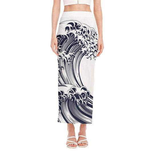 Japanese Kanagawa Wave Print Side Slit Maxi Skirt