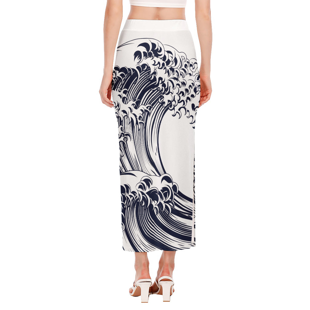 Japanese Kanagawa Wave Print Side Slit Maxi Skirt