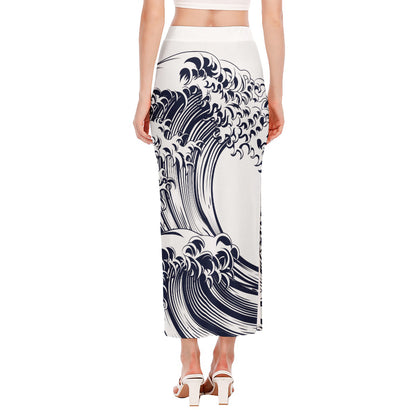 Japanese Kanagawa Wave Print Side Slit Maxi Skirt