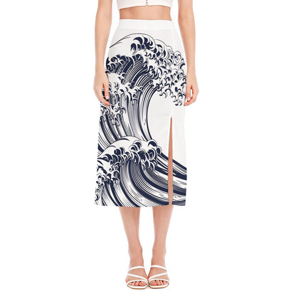 Japanese Kanagawa Wave Print Side Slit Midi Skirt