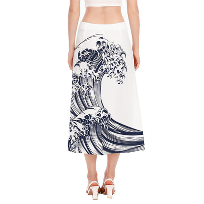 Japanese Kanagawa Wave Print Side Slit Midi Skirt