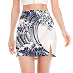 Japanese Kanagawa Wave Print Side Slit Mini Skirt