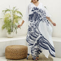 Japanese Kanagawa Wave Print Silk V-Neck Kaftan Dress