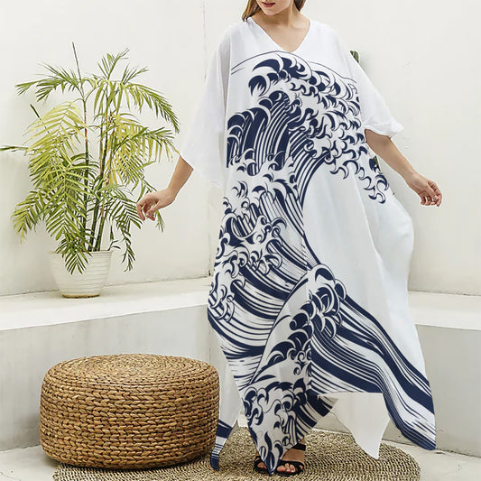 Japanese Kanagawa Wave Print Silk V-Neck Kaftan Dress