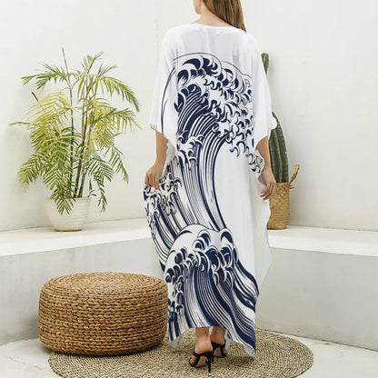Japanese Kanagawa Wave Print Silk V-Neck Kaftan Dress