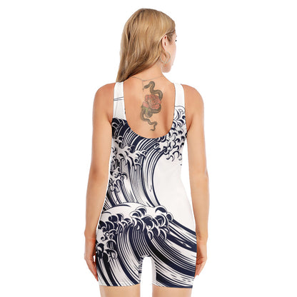 Japanese Kanagawa Wave Print Sleeveless One Piece Swimsuit
