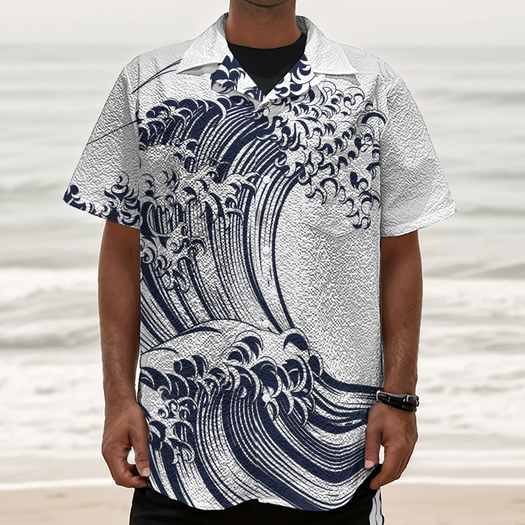 Japanese Kanagawa Wave Print Textured Short Sleeve Shirt