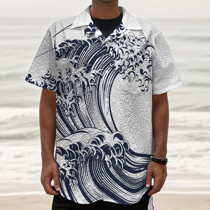 Japanese Kanagawa Wave Print Textured Short Sleeve Shirt