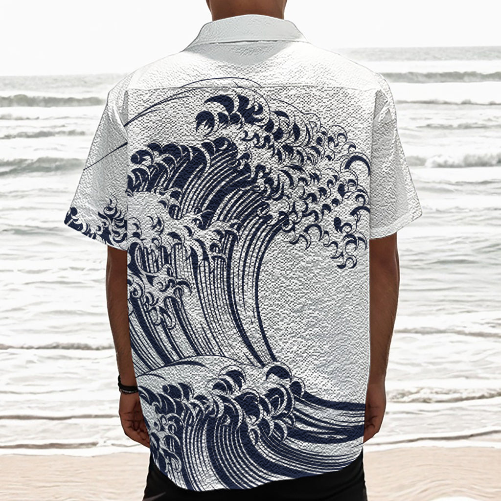 Japanese Kanagawa Wave Print Textured Short Sleeve Shirt