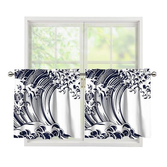 Japanese Kanagawa Wave Print Tier Curtains