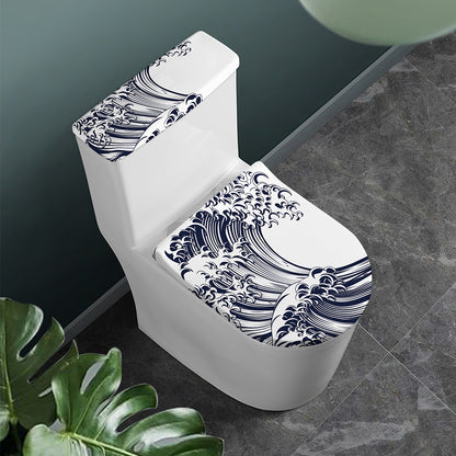 Japanese Kanagawa Wave Print Toilet Lid And Tank Cover Set