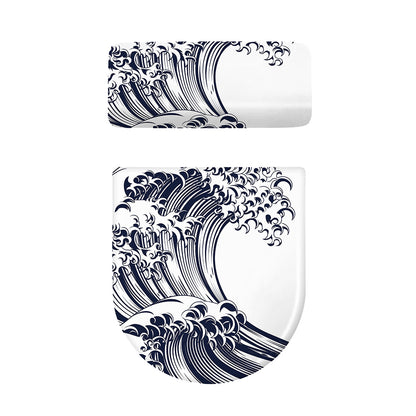 Japanese Kanagawa Wave Print Toilet Lid And Tank Cover Set