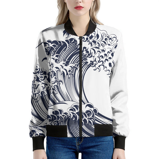 Japanese Kanagawa Wave Print Women's Bomber Jacket