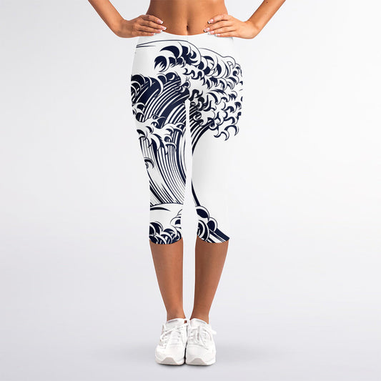Japanese Kanagawa Wave Print Women's Capri Leggings