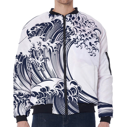 Japanese Kanagawa Wave Print Zip Sleeve Bomber Jacket