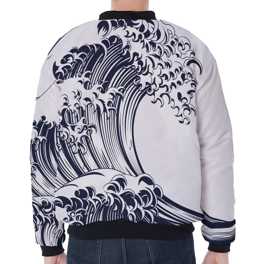 Japanese Kanagawa Wave Print Zip Sleeve Bomber Jacket