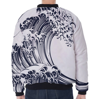 Japanese Kanagawa Wave Print Zip Sleeve Bomber Jacket