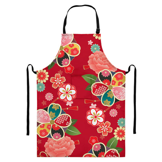 Japanese Kimono Pattern Print Bib Apron With Pocket